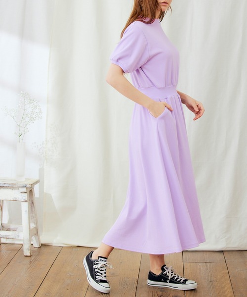 PURIL（ピュリル）の「【PURIL】パフスリーブ スウェット フレア半袖ワンピース（ワンピース・レディース・ベージュ/ネイビー/ブラック/パープル・L/S/XS/M）」の8枚目の写真