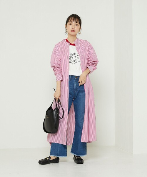 FREAK'S STORE（フリークスストア）の「マオカラーフレアシャツワンピース　ストライプ（ワンピース・レディース・サックスブルー/ピンク/グリーン・ﾌﾘ-）」の16枚目の写真