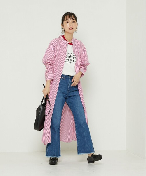 FREAK'S STORE（フリークスストア）の「マオカラーフレアシャツワンピース　ストライプ（ワンピース・レディース・サックスブルー/ピンク/グリーン・ﾌﾘ-）」の4枚目の写真