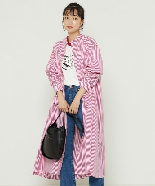 FREAK'S STORE（フリークスストア）の「マオカラーフレアシャツワンピース　ストライプ（ワンピース・レディース・サックスブルー/ピンク/グリーン・ﾌﾘ-）」の13枚目の写真