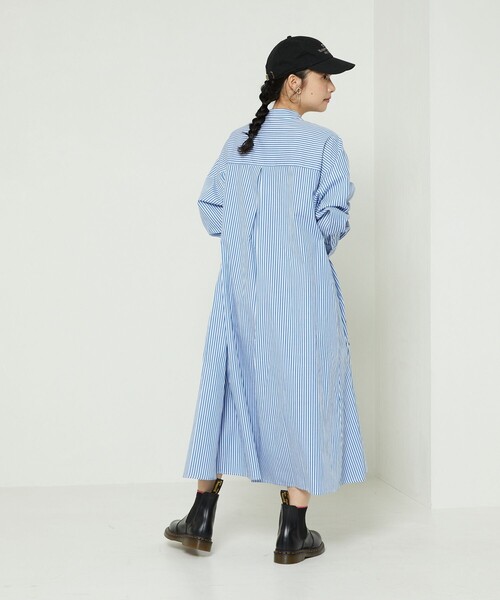 FREAK'S STORE（フリークスストア）の「マオカラーフレアシャツワンピース　ストライプ（ワンピース・レディース・サックスブルー/ピンク/グリーン・ﾌﾘ-）」の10枚目の写真