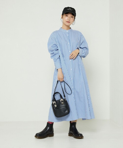 FREAK'S STORE（フリークスストア）の「マオカラーフレアシャツワンピース　ストライプ（ワンピース・レディース・サックスブルー/ピンク/グリーン・ﾌﾘ-）」の17枚目の写真