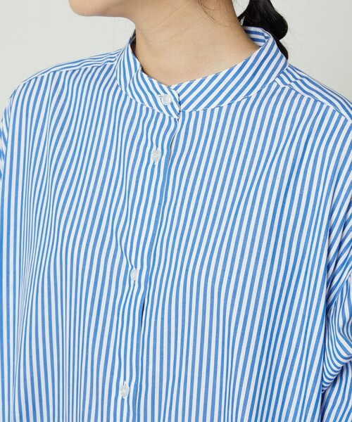 FREAK'S STORE（フリークスストア）の「マオカラーフレアシャツワンピース　ストライプ（ワンピース・レディース・サックスブルー/ピンク/グリーン・ﾌﾘ-）」の19枚目の写真