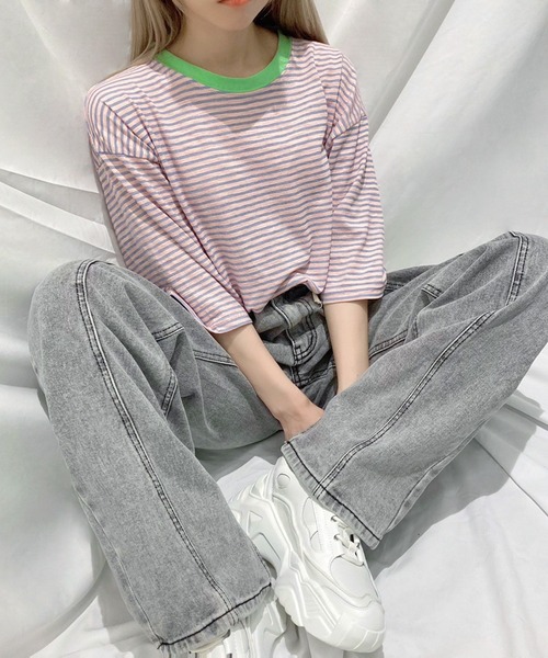 Figments（フィグメンツ）の「カラーボーダーＴシャツ（Tシャツ/カットソー・レディース・イエロー/ピンク・FREE）」の8枚目の写真