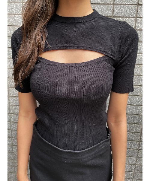 ENVYM（アンビー）の「ハーフスリーブＯｐｅｎＦｒｏｎｔＫｎｉｔＰＯ（ニット/セーター・レディース・ブラック/ホワイト・FREE）」の10枚目の写真