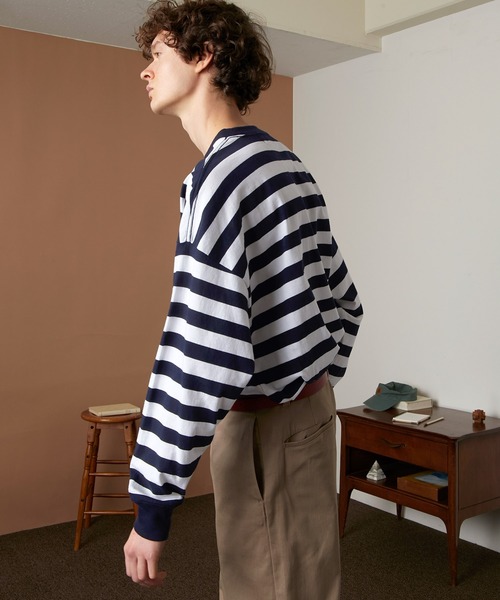 EMMA CLOTHES（エマクローズ）の「オーバーサイズ ボーダーL/Sカットソー EMMA CLOTHES（Tシャツ/カットソー・メンズ・ブラック/ネイビー・M/L）」の2枚目の写真