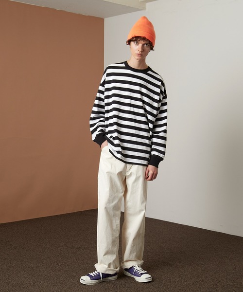 EMMA CLOTHES（エマクローズ）の「オーバーサイズ ボーダーL/Sカットソー EMMA CLOTHES（Tシャツ/カットソー・メンズ・ブラック/ネイビー・M/L）」の3枚目の写真