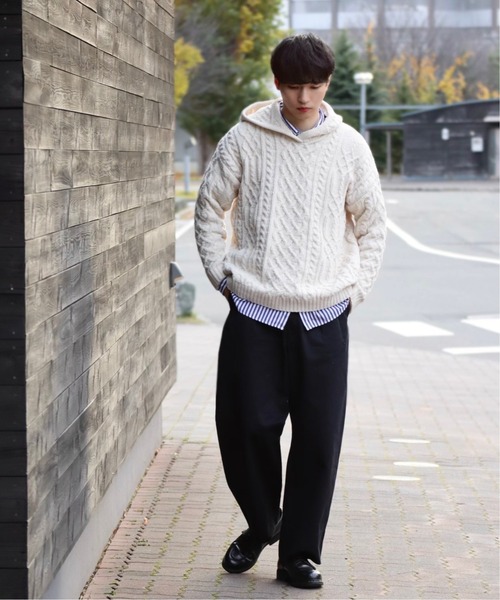 INTER FACTORY（インターファクトリー）の「【WEARISTA 風早ゆうた - リラックス フィッシャーマン ニット プルオーバー / ケーブル アランセーター フード付き　made in INTER FACTORY】（パーカー・メンズ・アイボリー・MEDIUM/LARGE）」の15枚目の写真