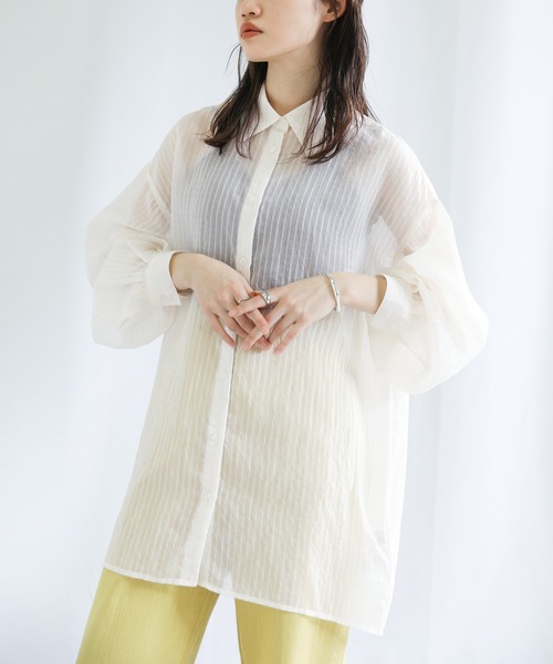 select MOCA（セレクトモカ）の「シアーストライプオーバーシャツ（シャツ/ブラウス・レディース・ピンク/ライム/アイボリー・FREE）」の2枚目の写真