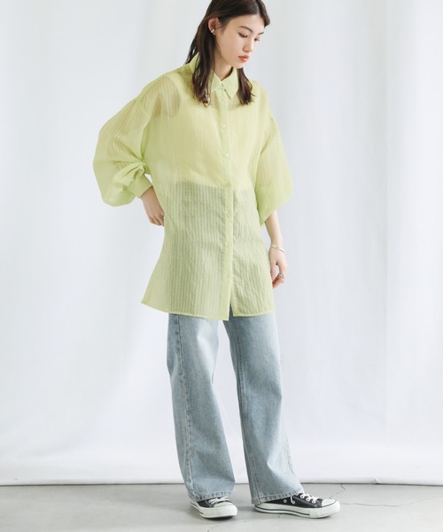 select MOCA（セレクトモカ）の「シアーストライプオーバーシャツ（シャツ/ブラウス・レディース・ピンク/ライム/アイボリー・FREE）」の10枚目の写真