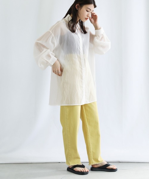 select MOCA（セレクトモカ）の「シアーストライプオーバーシャツ（シャツ/ブラウス・レディース・ピンク/ライム/アイボリー・FREE）」の5枚目の写真