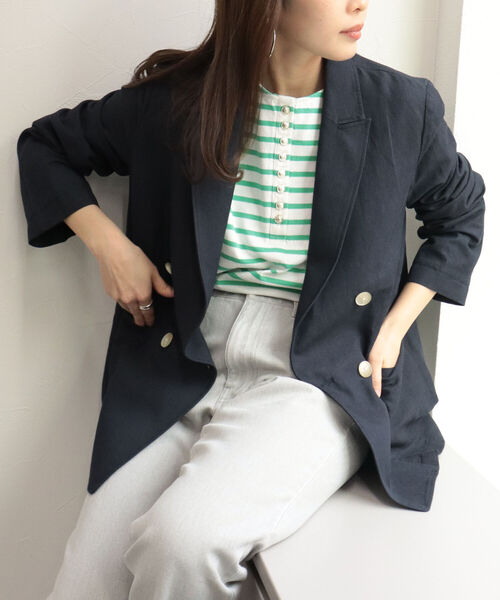 fredy emue（フレディエミュ）の「ギンガムチェック／リネンドビー ダブルジャケット（セットアップ可能）（テーラードジャケット・レディース・ベージュ/ネイビー/ホワイト系その他2・38）」の3枚目の写真