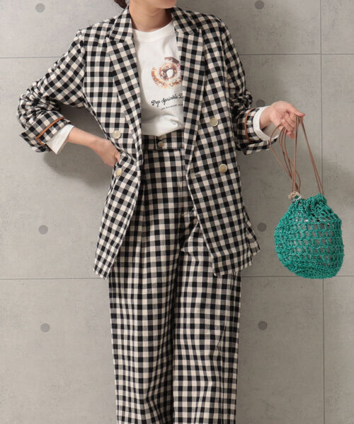 fredy emue（フレディエミュ）の「ギンガムチェック／リネンドビー ダブルジャケット（セットアップ可能）（テーラードジャケット・レディース・ベージュ/ネイビー/ホワイト系その他2・38）」の2枚目の写真