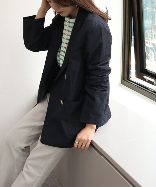 fredy emue（フレディエミュ）の「ギンガムチェック／リネンドビー ダブルジャケット（セットアップ可能）（テーラードジャケット・レディース・ベージュ/ネイビー/ホワイト系その他2・38）」の4枚目の写真