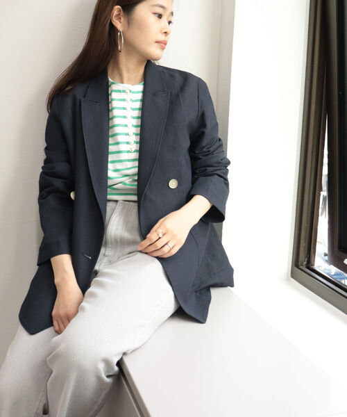 fredy emue（フレディエミュ）の「ギンガムチェック／リネンドビー ダブルジャケット（セットアップ可能）（テーラードジャケット・レディース・ベージュ/ネイビー/ホワイト系その他2・38）」の22枚目の写真