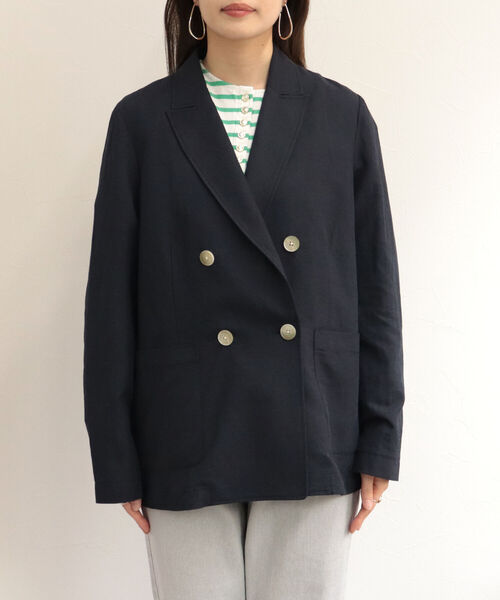 fredy emue（フレディエミュ）の「ギンガムチェック／リネンドビー ダブルジャケット（セットアップ可能）（テーラードジャケット・レディース・ベージュ/ネイビー/ホワイト系その他2・38）」の7枚目の写真