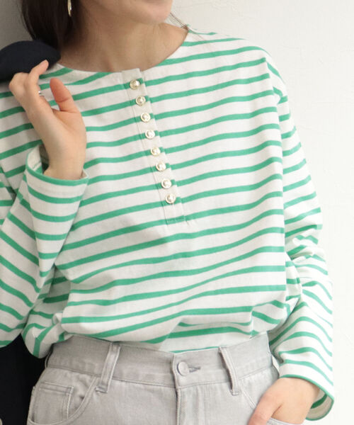 fredy repit(フレディレピ)の「ボーダーヘンリープルオーバーカットソー(Tシャツ/カットソー・レディース・ブルー系その他3/ホワイト系その他4/グリーン系その他3・38)」の1枚目の写真