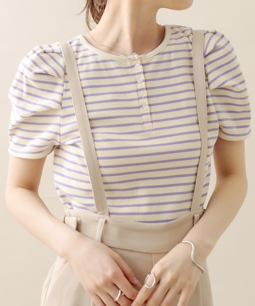 mline（エムライン）の「[mline] ﾎﾞｰﾀﾞｰﾊﾟﾌ半袖ﾌﾟﾙｵｰﾊﾞｰ（Tシャツ/カットソー・レディース・オフホワイト/ブラック/パープル/オレンジ・FREE）」の4枚目の写真