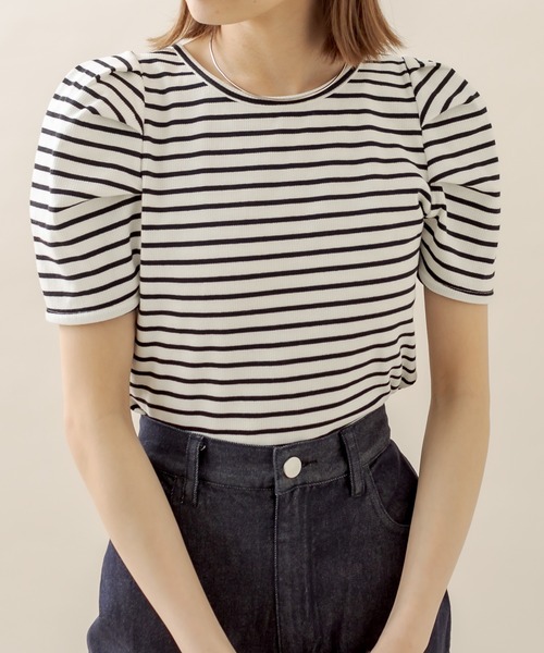 mline（エムライン）の「[mline] ﾎﾞｰﾀﾞｰﾊﾟﾌ半袖ﾌﾟﾙｵｰﾊﾞｰ（Tシャツ/カットソー・レディース・オフホワイト/ブラック/パープル/オレンジ・FREE）」の2枚目の写真
