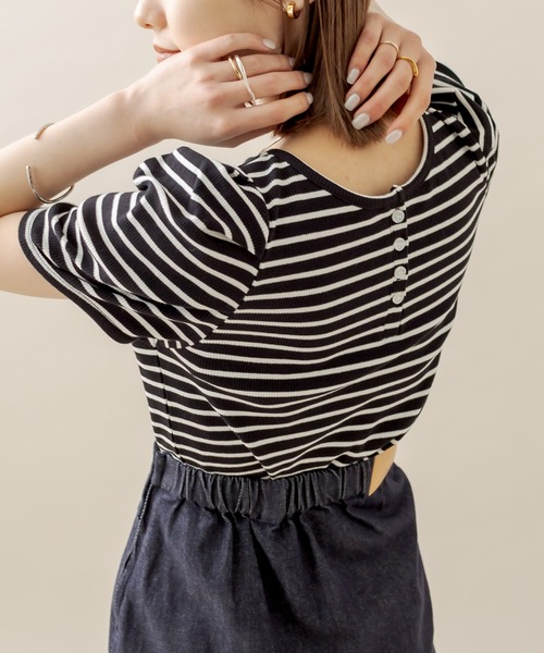 mline（エムライン）の「[mline] ﾎﾞｰﾀﾞｰﾊﾟﾌ半袖ﾌﾟﾙｵｰﾊﾞｰ（Tシャツ/カットソー・レディース・オフホワイト/ブラック/パープル/オレンジ・FREE）」の22枚目の写真
