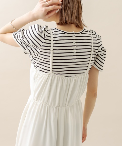 mline（エムライン）の「[mline] ﾎﾞｰﾀﾞｰﾊﾟﾌ半袖ﾌﾟﾙｵｰﾊﾞｰ（Tシャツ/カットソー・レディース・オフホワイト/ブラック/パープル/オレンジ・FREE）」の6枚目の写真
