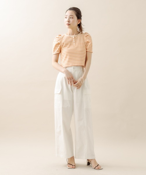 mline（エムライン）の「[mline] ﾎﾞｰﾀﾞｰﾊﾟﾌ半袖ﾌﾟﾙｵｰﾊﾞｰ（Tシャツ/カットソー・レディース・オフホワイト/ブラック/パープル/オレンジ・FREE）」の10枚目の写真