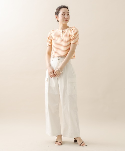 mline（エムライン）の「[mline] ﾎﾞｰﾀﾞｰﾊﾟﾌ半袖ﾌﾟﾙｵｰﾊﾞｰ（Tシャツ/カットソー・レディース・オフホワイト/ブラック/パープル/オレンジ・FREE）」の14枚目の写真