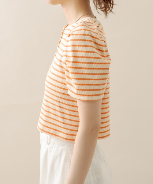 mline（エムライン）の「[mline] ﾎﾞｰﾀﾞｰﾊﾟﾌ半袖ﾌﾟﾙｵｰﾊﾞｰ（Tシャツ/カットソー・レディース・オフホワイト/ブラック/パープル/オレンジ・FREE）」の18枚目の写真