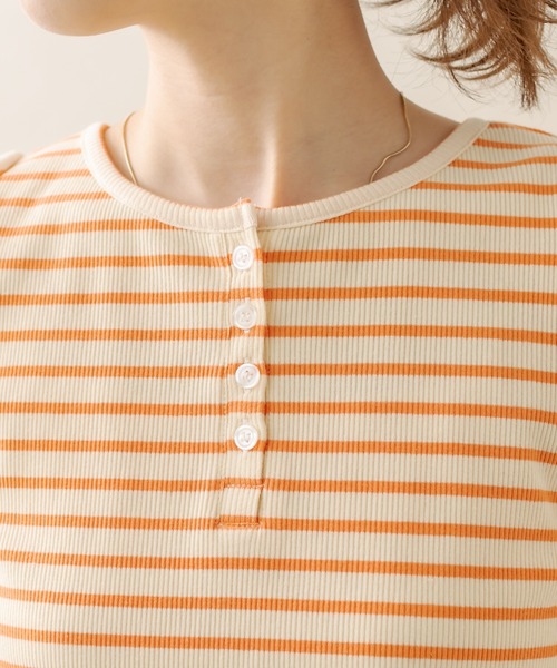 mline（エムライン）の「[mline] ﾎﾞｰﾀﾞｰﾊﾟﾌ半袖ﾌﾟﾙｵｰﾊﾞｰ（Tシャツ/カットソー・レディース・オフホワイト/ブラック/パープル/オレンジ・FREE）」の8枚目の写真