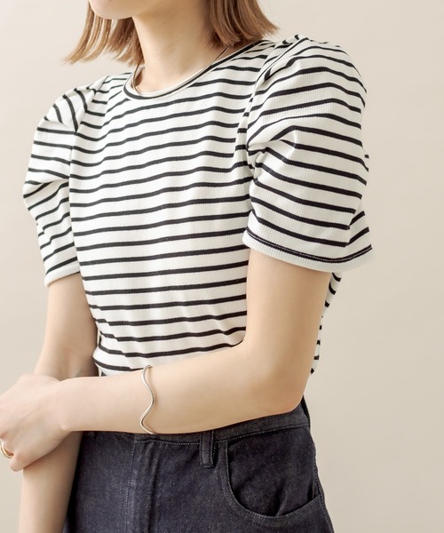mline（エムライン）の「[mline] ﾎﾞｰﾀﾞｰﾊﾟﾌ半袖ﾌﾟﾙｵｰﾊﾞｰ（Tシャツ/カットソー・レディース・オフホワイト/ブラック/パープル/オレンジ・FREE）」の20枚目の写真