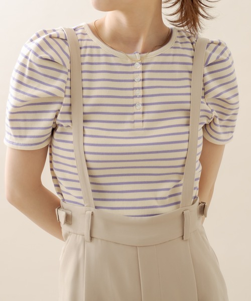 mline（エムライン）の「[mline] ﾎﾞｰﾀﾞｰﾊﾟﾌ半袖ﾌﾟﾙｵｰﾊﾞｰ（Tシャツ/カットソー・レディース・オフホワイト/ブラック/パープル/オレンジ・FREE）」の15枚目の写真