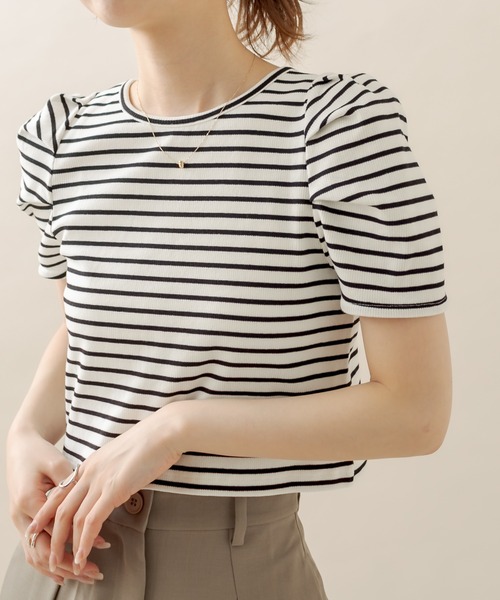 mline（エムライン）の「[mline] ﾎﾞｰﾀﾞｰﾊﾟﾌ半袖ﾌﾟﾙｵｰﾊﾞｰ（Tシャツ/カットソー・レディース・オフホワイト/ブラック/パープル/オレンジ・FREE）」の9枚目の写真