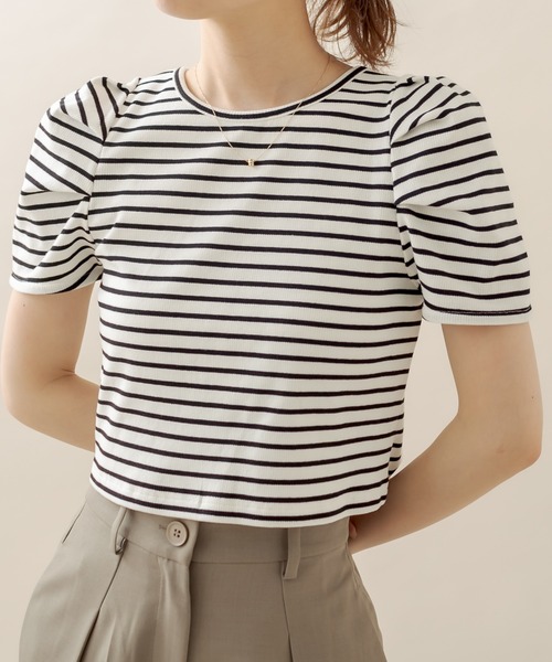 mline（エムライン）の「[mline] ﾎﾞｰﾀﾞｰﾊﾟﾌ半袖ﾌﾟﾙｵｰﾊﾞｰ（Tシャツ/カットソー・レディース・オフホワイト/ブラック/パープル/オレンジ・FREE）」の13枚目の写真