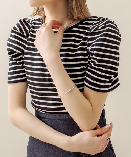 mline（エムライン）の「[mline] ﾎﾞｰﾀﾞｰﾊﾟﾌ半袖ﾌﾟﾙｵｰﾊﾞｰ（Tシャツ/カットソー・レディース・オフホワイト/ブラック/パープル/オレンジ・FREE）」の16枚目の写真
