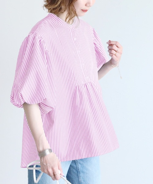 reca（レカ）の「ストライプヨーク切替五分袖ブラウス（シャツ/ブラウス・レディース・ブラック/ネイビー/ピンク・MEDIUM/LARGE）」の3枚目の写真