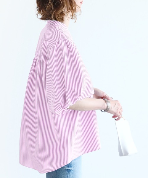 reca（レカ）の「ストライプヨーク切替五分袖ブラウス（シャツ/ブラウス・レディース・ブラック/ネイビー/ピンク・MEDIUM/LARGE）」の5枚目の写真