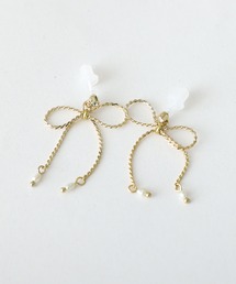 パール 付きリボンチェーンイヤリング＆ピアス 結婚式 同窓会 オケージョン 二次会 