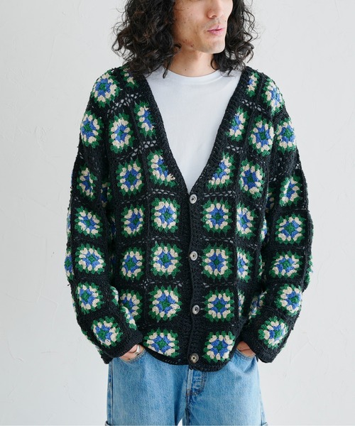 CPCM◆クロシェニット カーディガン(厚手)/ウール/BLK/花柄 CPCM（シーピーシーエム）の「クロシェ編みカーディガン