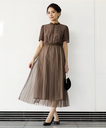 バイアス切り替えデザインレース×チュールスカートドレス