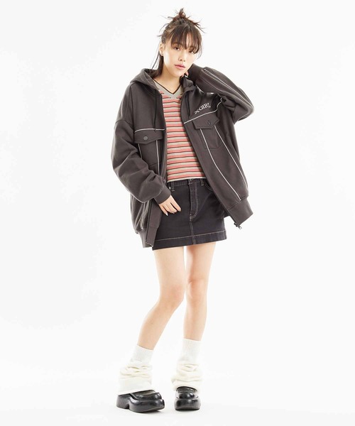 X-girl（エックスガール）の「MULTI STRIPE COMPACT TOP（Tシャツ/カットソー・レディース・ブラック/オリーブ/ピンク・S/M）」の7枚目の写真