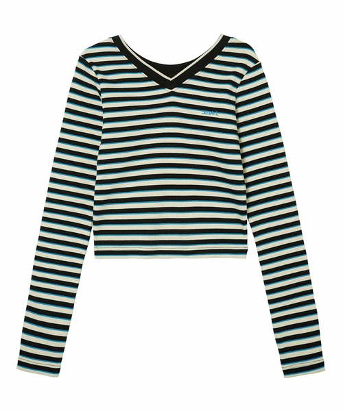 X-girl（エックスガール）の「MULTI STRIPE COMPACT TOP（Tシャツ/カットソー・レディース・ブラック/オリーブ/ピンク・S/M）」の8枚目の写真