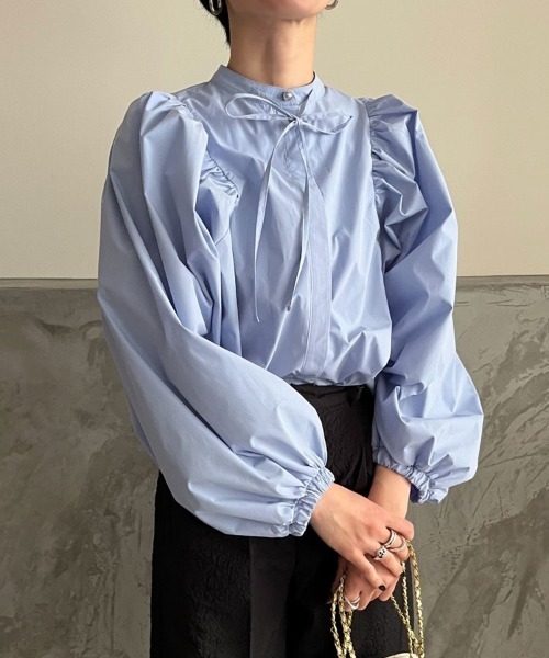 DONOBAN（ドノバン）の「ボリュームスリーブブラウス（シャツ/ブラウス・レディース・ピンク/ホワイト/ネイビー/ブルー/ブラック/ドット/ホワイト系その他/イエロー系その他・F）」の5枚目の写真