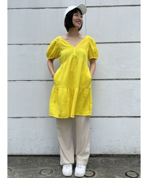 GAP（ギャップ）の「クリンクルガーゼ 袖コンシャス ティアードミニワンピース（ワンピース・レディース・ブルー/ホワイト/ブラック/コーラル/イエロー・S/L/XXS/M/XS）」の20枚目の写真