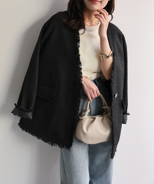 ap retro（アプレトロ）の「【選べるデザイン】ツイードポケットノーカラージャケット / オケージョン（ノーカラージャケット・レディース・アイボリー/ブラック/ブラック系その他/ブラック系その他2/ホワイト・FREE）」の4枚目の写真