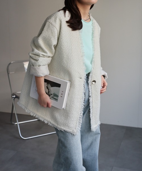 セール】【選べるデザイン】ツイードポケットノーカラージャケット