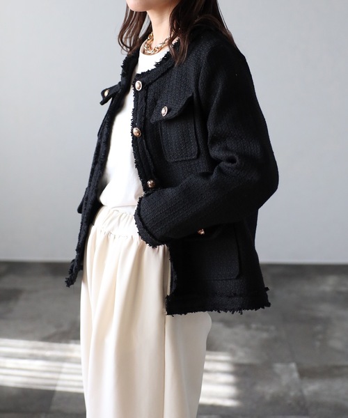 ap retro（アプレトロ）の「【選べるデザイン】ツイードポケットノーカラージャケット / オケージョン（ノーカラージャケット・レディース・アイボリー/ブラック/ブラック系その他/ブラック系その他2/ホワイト・FREE）」の9枚目の写真