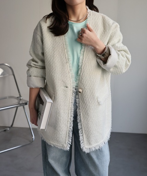 セール】【選べるデザイン】ツイードポケットノーカラージャケット