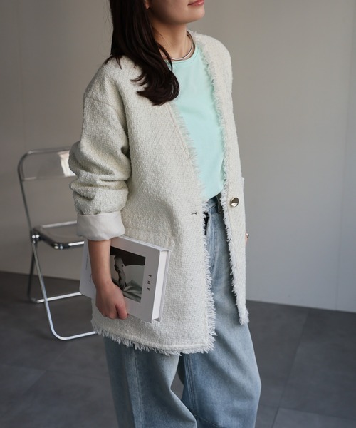 セール】【選べるデザイン】ツイードポケットノーカラージャケット