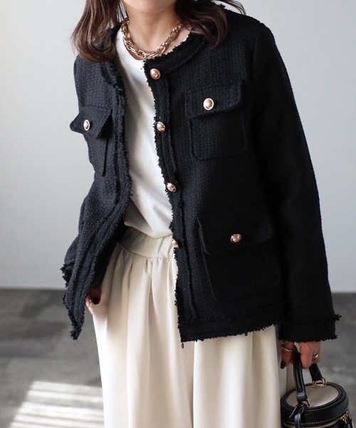 ap retro（アプレトロ）の「【選べるデザイン】ツイードポケットノーカラージャケット / オケージョン（ノーカラージャケット・レディース・アイボリー/ブラック/ブラック系その他/ブラック系その他2/ホワイト・FREE）」の6枚目の写真