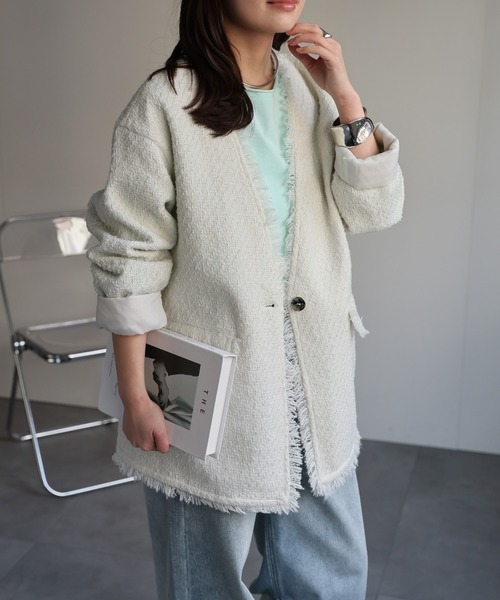 セール】【選べるデザイン】ツイードポケットノーカラージャケット